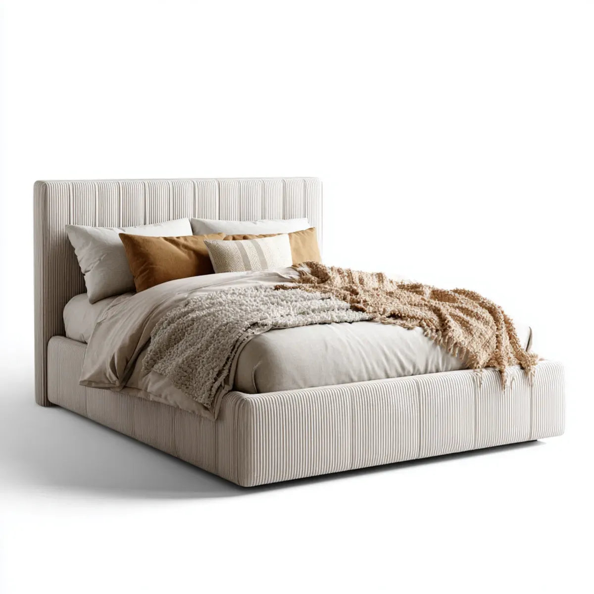 Letto matrimoniale imbottito beige a righe 160 x 200 cm rivestimento in poliestere forma rettangolare