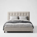 Letto matrimoniale imbottito beige 160 x 200 cm in poliestere con testiera rettangolare capitonn¨¦
