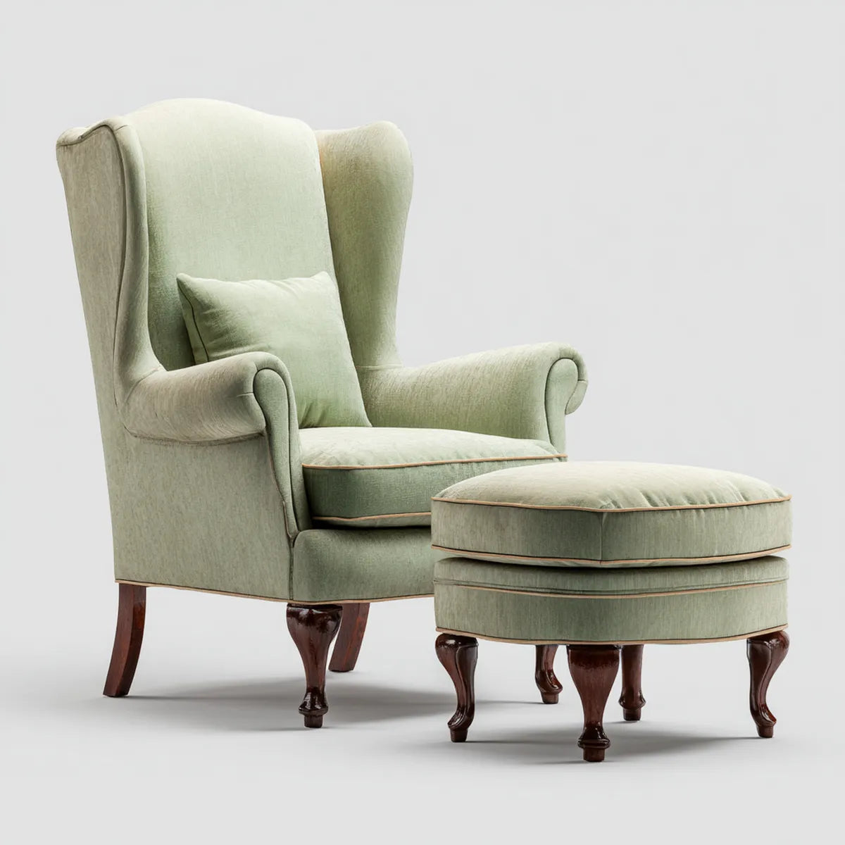 Set poltrona berg¨¨re con poggiapiedi verde salvia in poliestere con schienale alto sagomato 82 x 90 x 112 cm