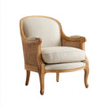 Poltrona imbottita beige con braccioli in legno massello e rattan schienale curvo 75 x 75 x 100 cm