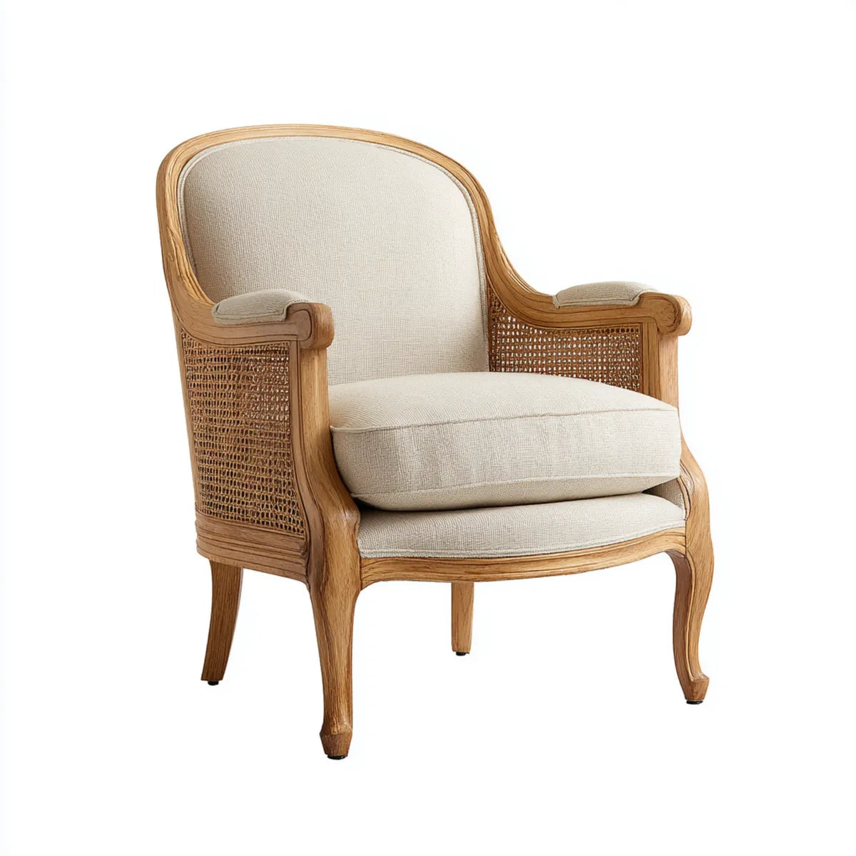 Poltrona imbottita beige con braccioli in legno massello e rattan schienale curvo 75 x 75 x 100 cm